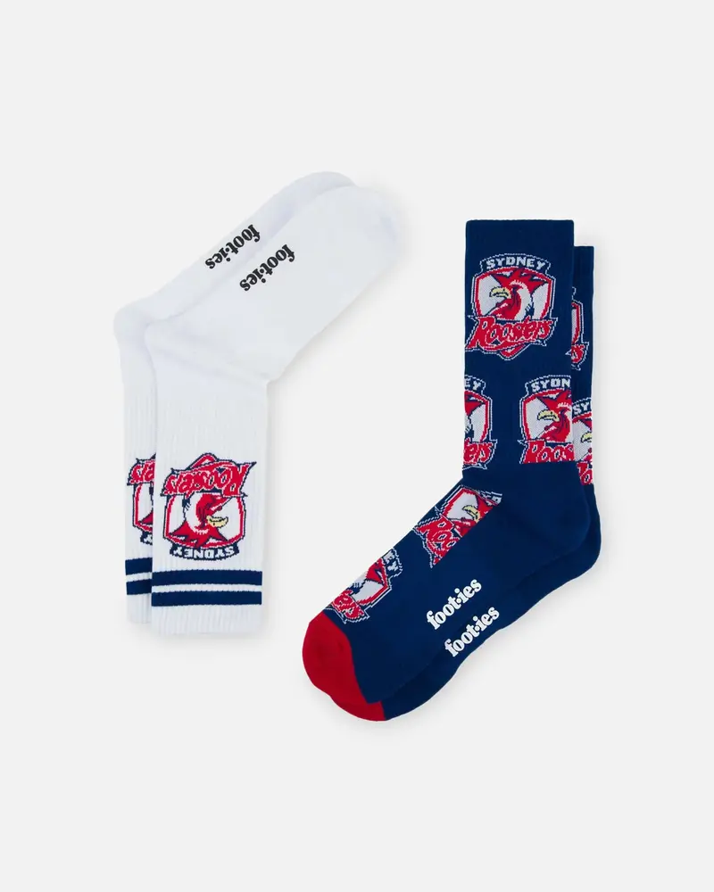 Foot-Ies Sydney Roosters Crew Socks 2 Pack Navy/White 1