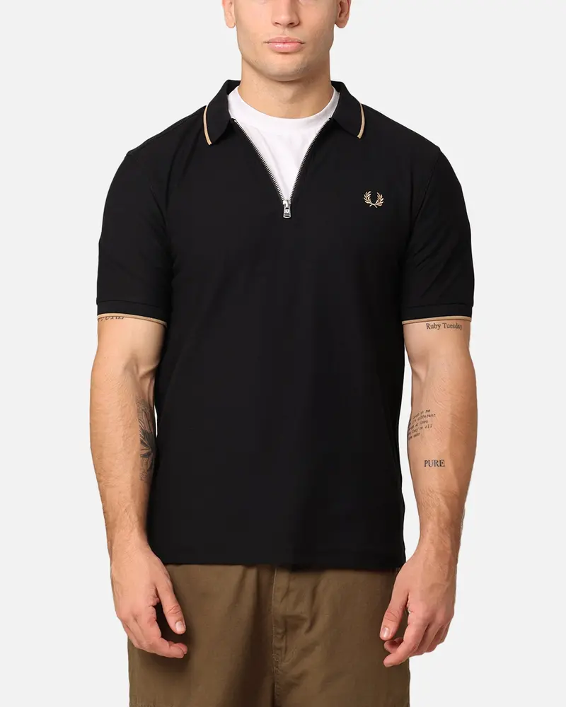 Fred Perry Crepe Pique Zip Neck Polo Shirt Black 1