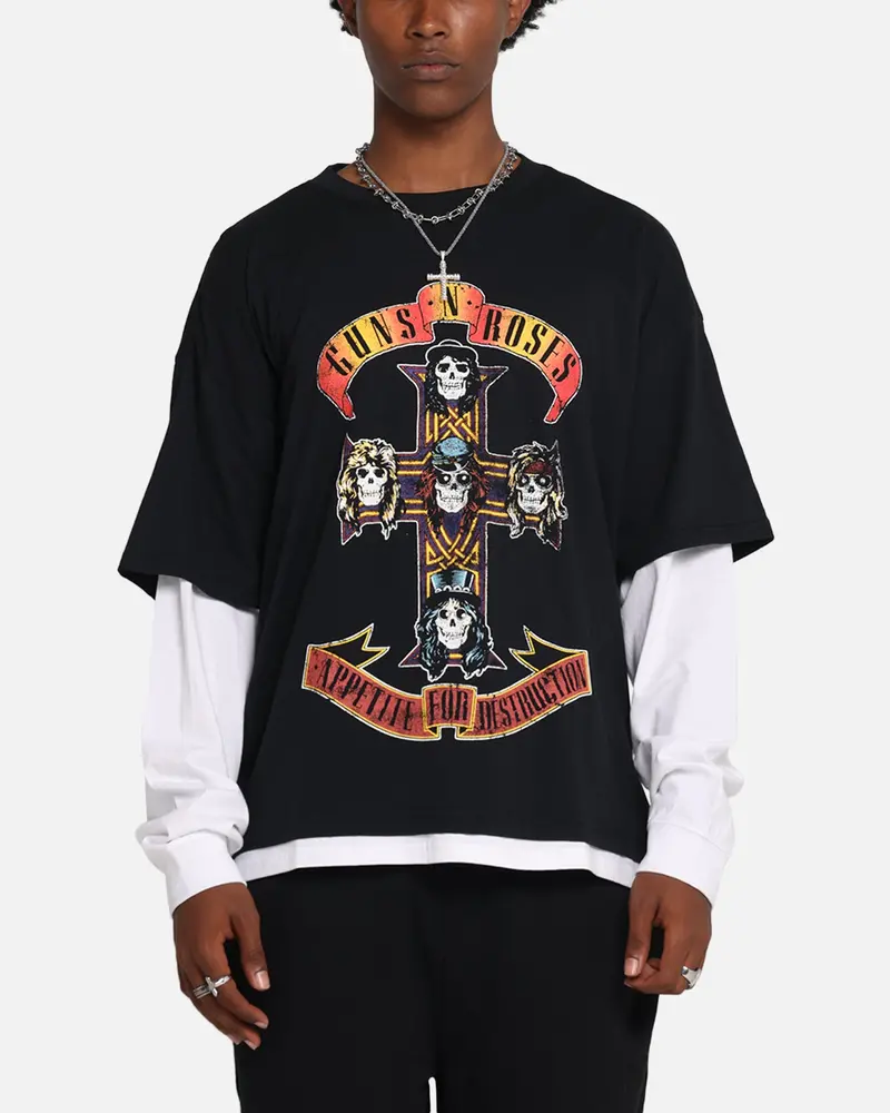 G N Roses Roses Layered Long Sleeve T-Shirt Black Wash 1