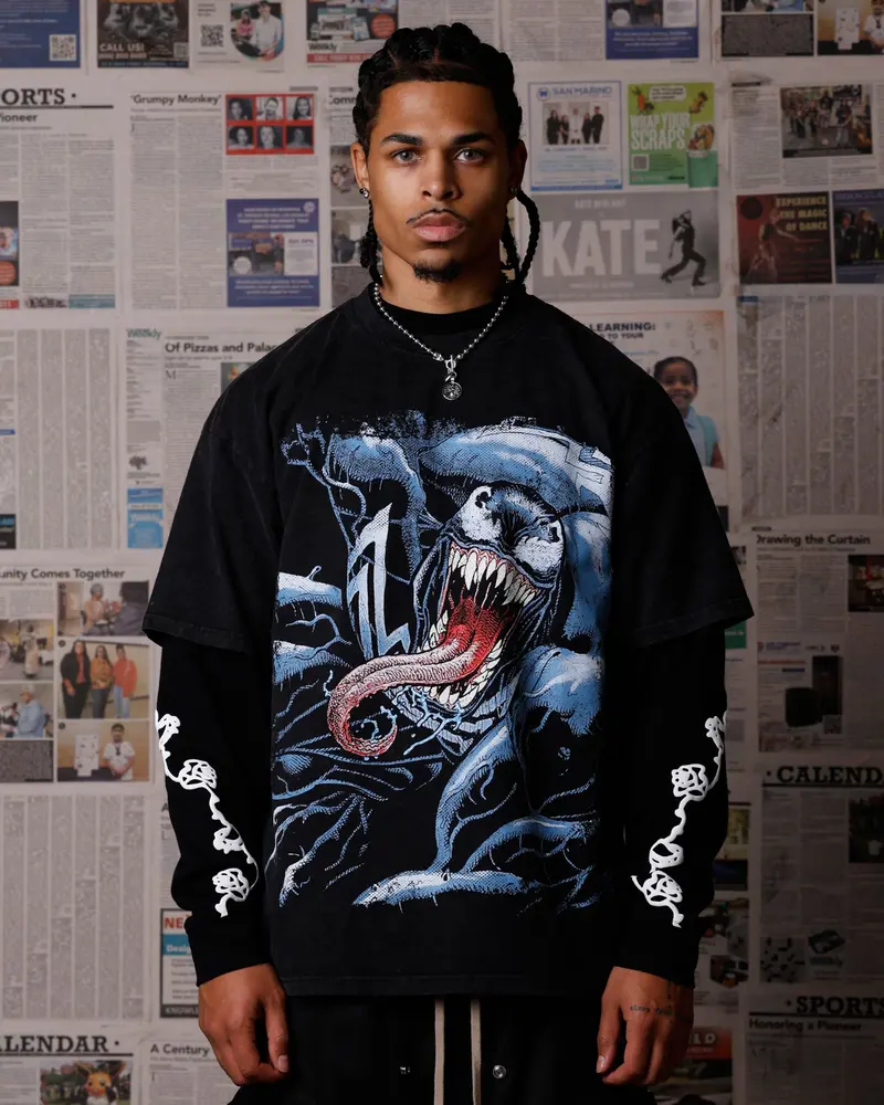 Goat Crew Marvel Venom Poster Vintage T-Shirt Black Acidwash 1