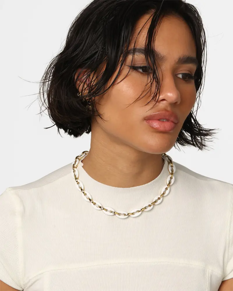 Guess Mainline Women's 17" White & Crystals Yellow Gold Necklace White 1