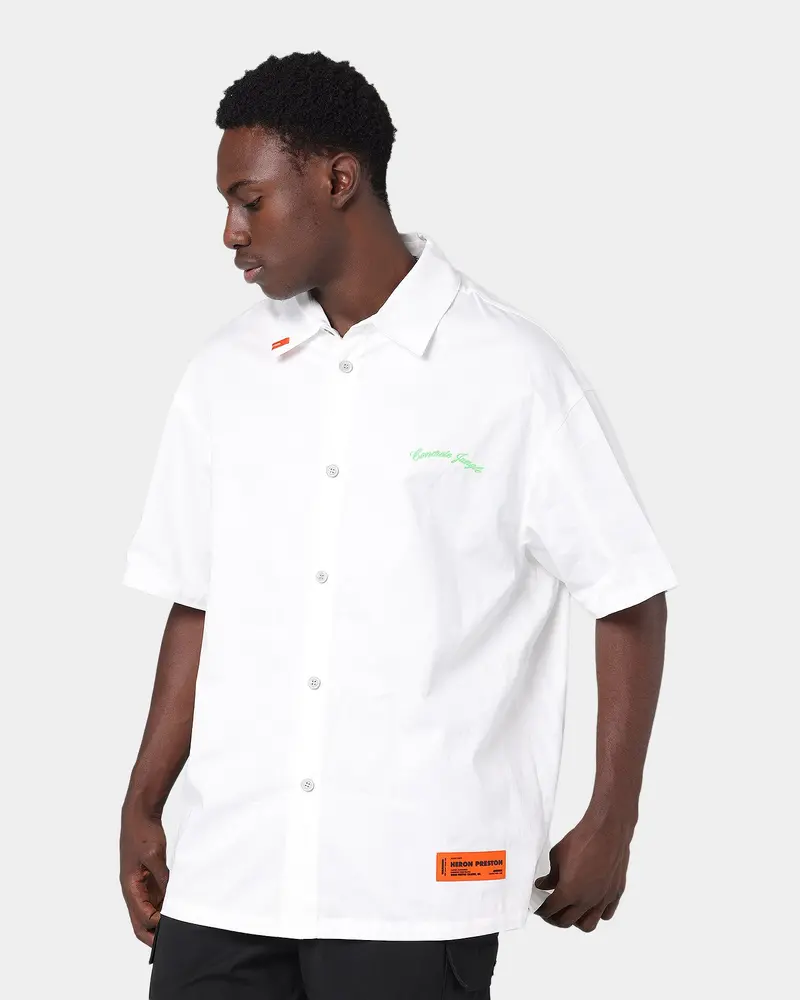 Heron Preston Boxy Fit Short Sleeve Button Up Shirt White 1