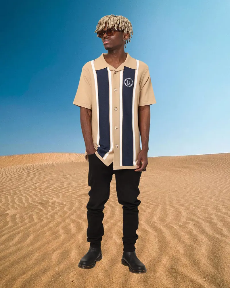 Last Kings Chain Stripe Knit Button Up Sand/Navy 1