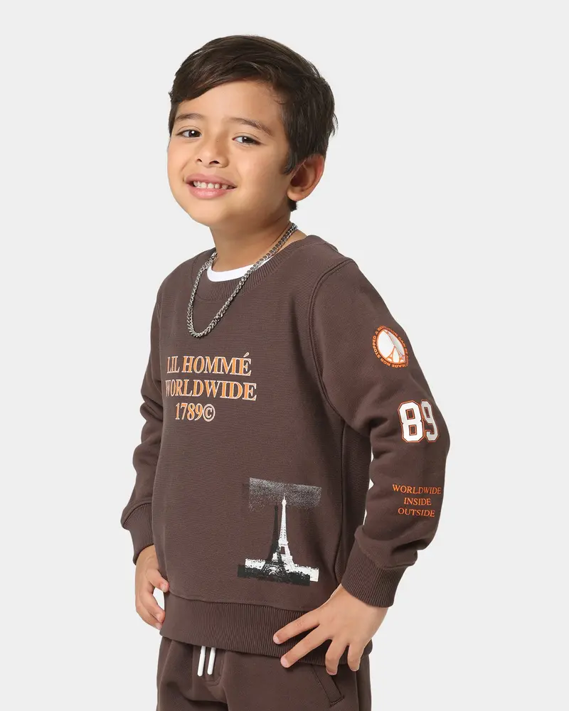 Lil Homme Kids' Worldwide Crewneck Dark Brown 1