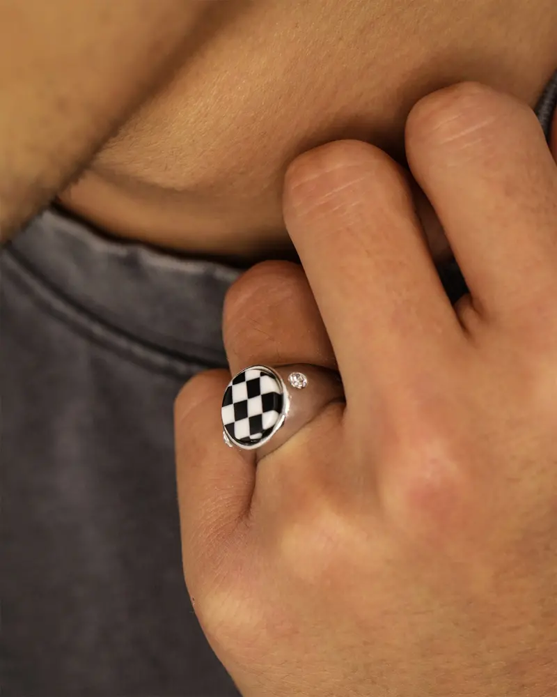 Loiter Checkerboard Signet Ring Silver/Black/White 1