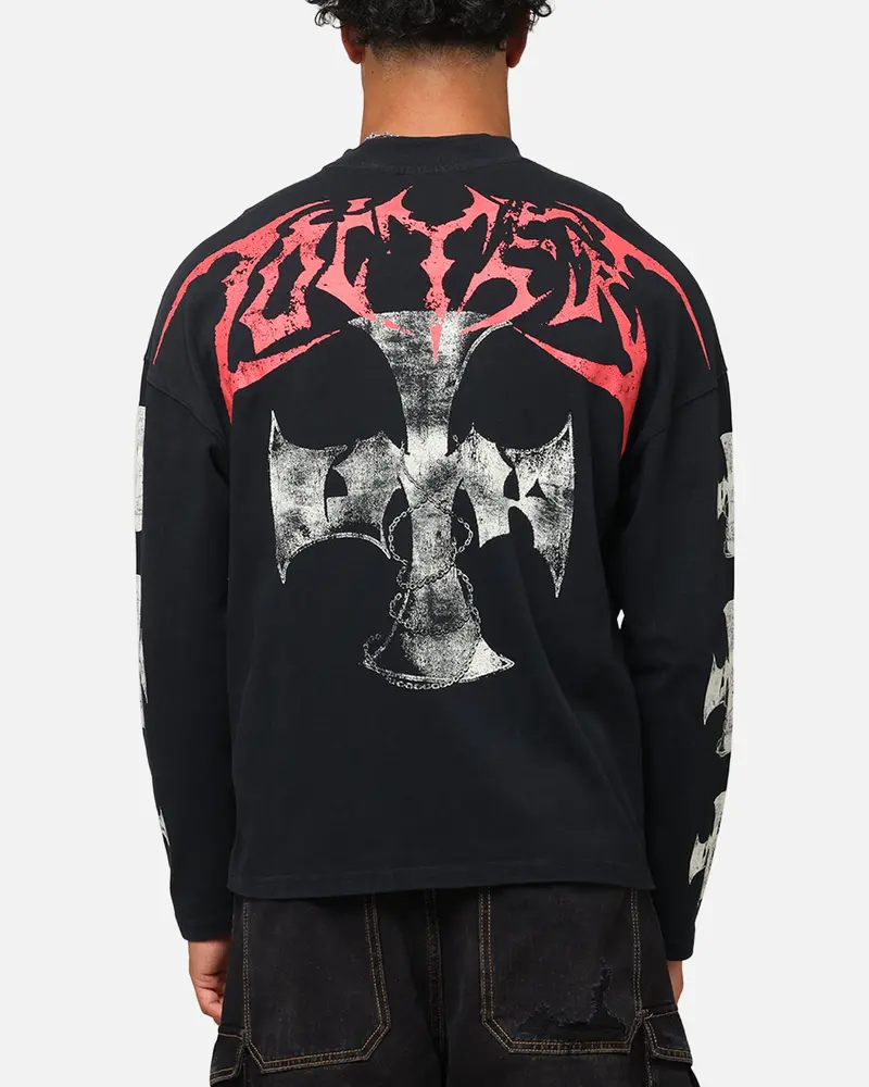 Loiter Cross Long Sleeve T-Shirt Black Acidwash 1