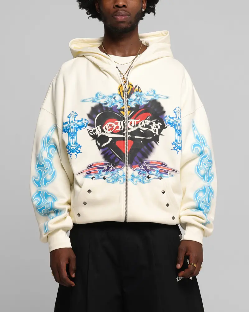 Loiter Hearts Zip Hoodie Off White 1