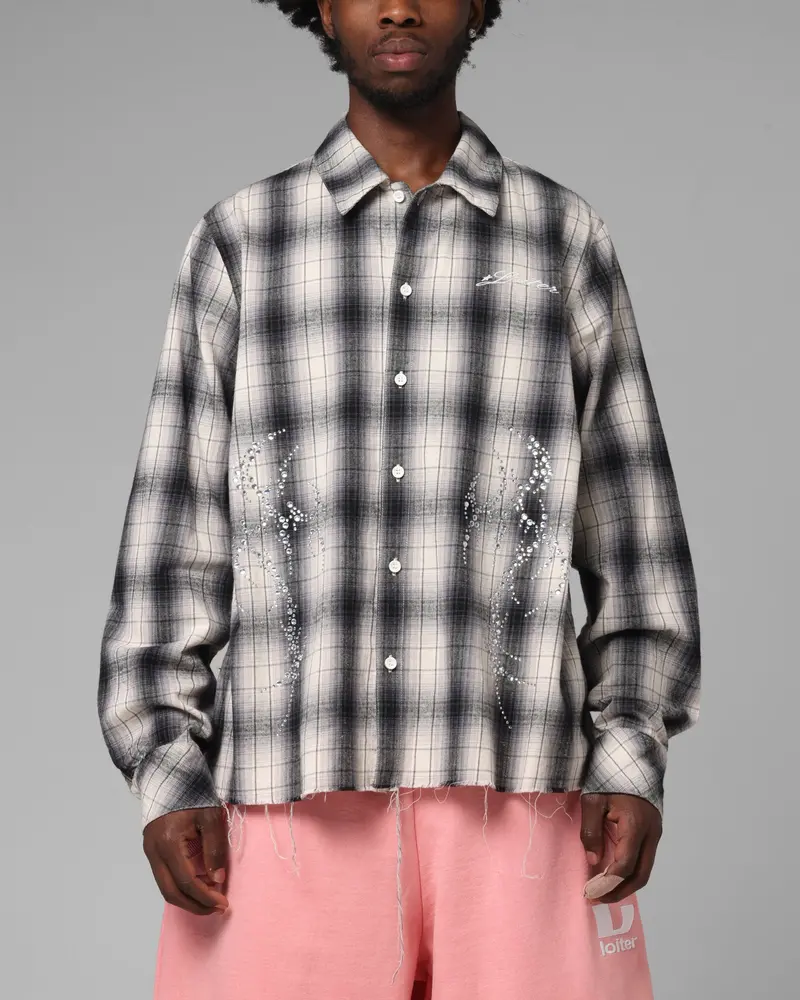 Loiter Heaven Distressed Flannel Button Up Shirt Black/White 1