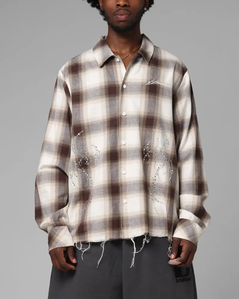 Loiter Heaven Distressed Flannel Button Up Shirt Brown/Beige 1