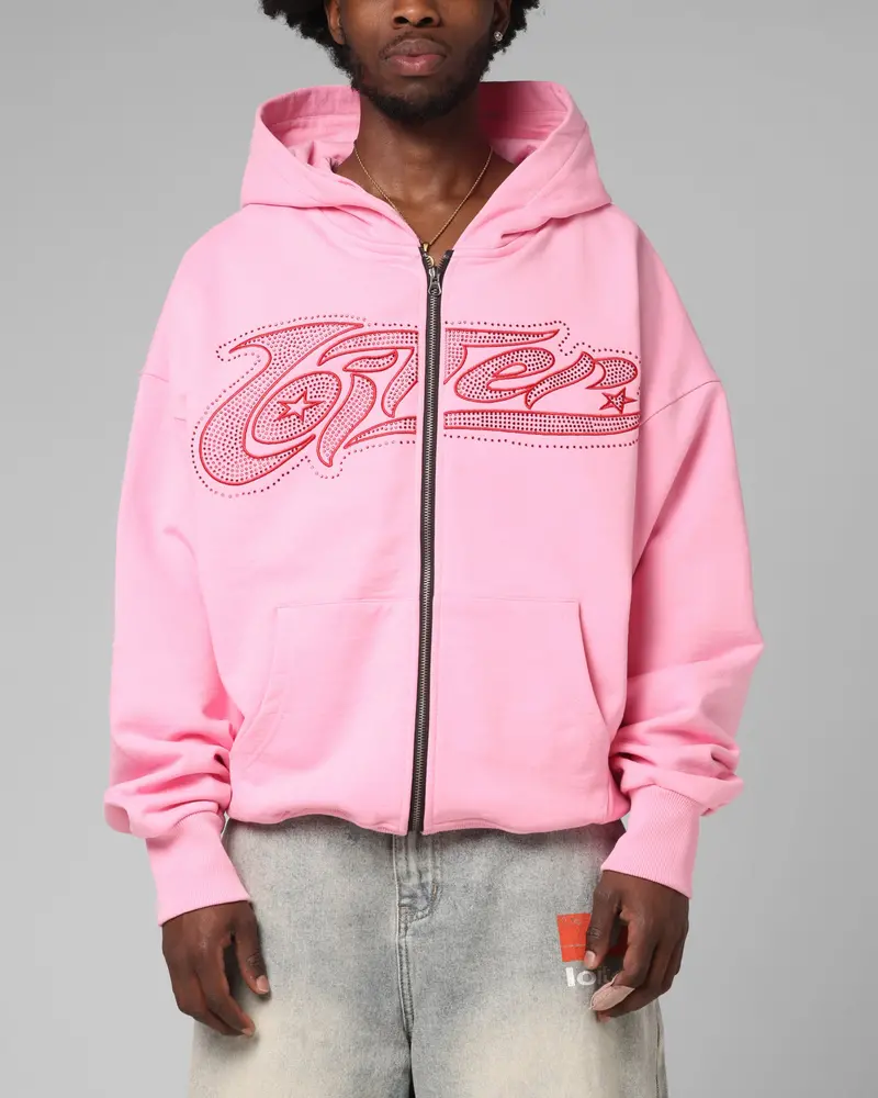 Loiter Silicone Rhinestone Zip Hoodie Pink 1