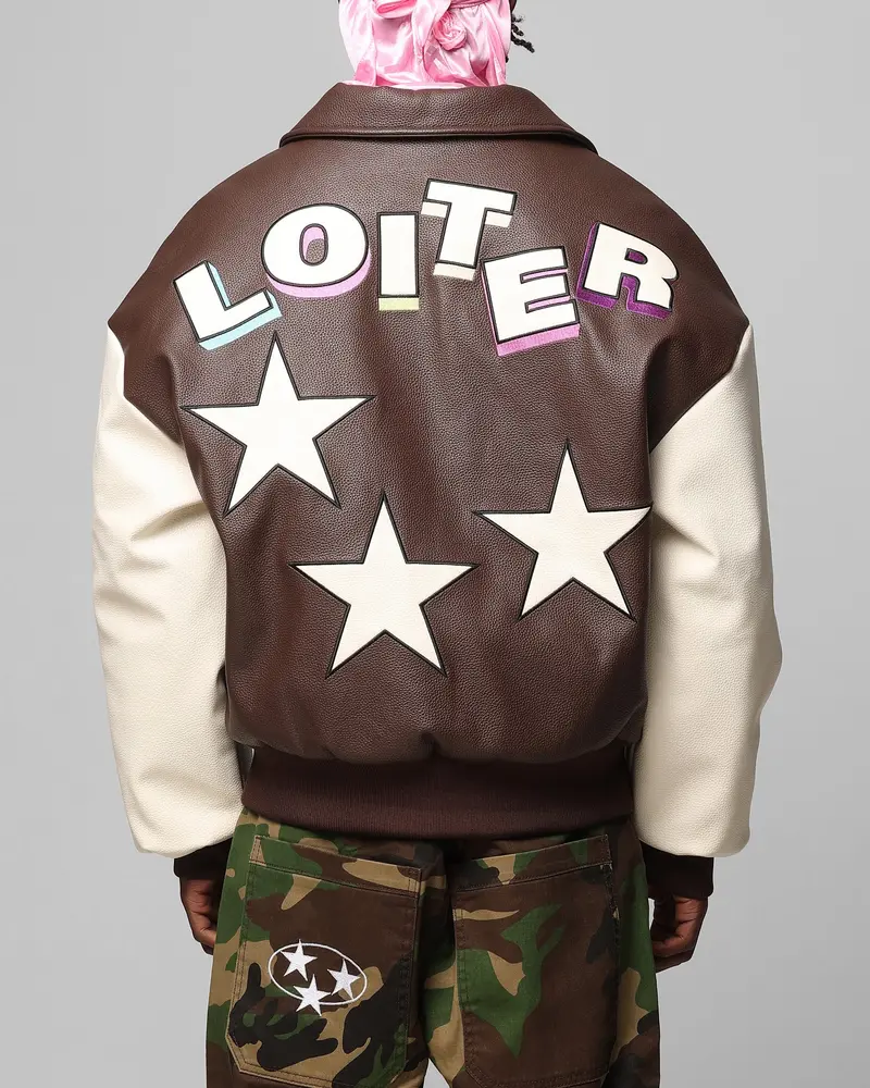 Loiter Solar Vegan Leather Varsity Jacket Brown/Beige 1