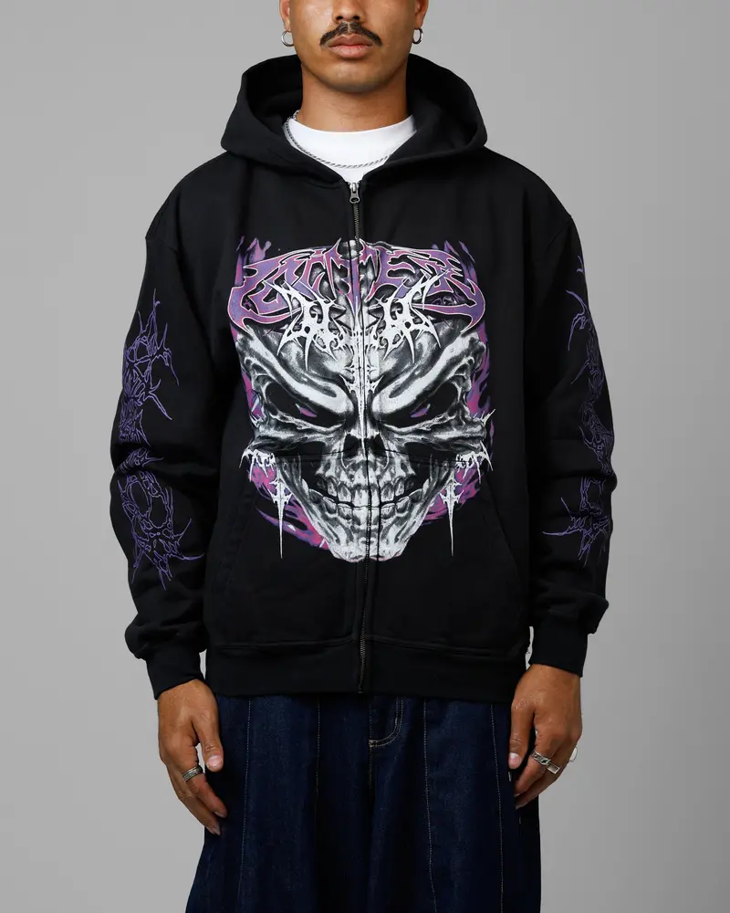 Loiter Tribal Skull Zip Up Hoodie Black 1