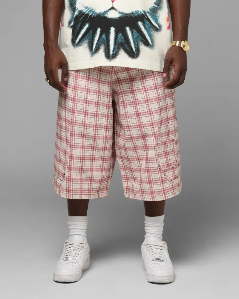 Loiter Utility Cargo Shorts Pink Check 1