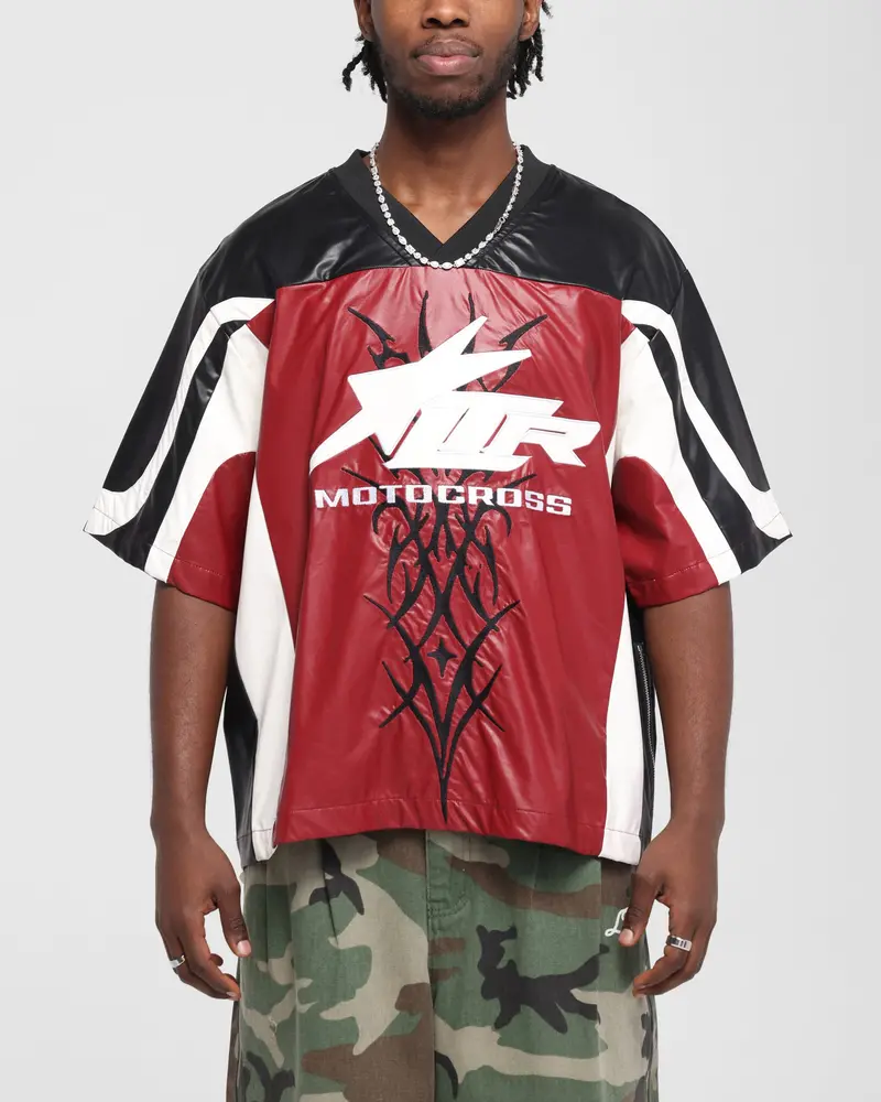 Loiter Vegan Leather Football Top Red/Black 1
