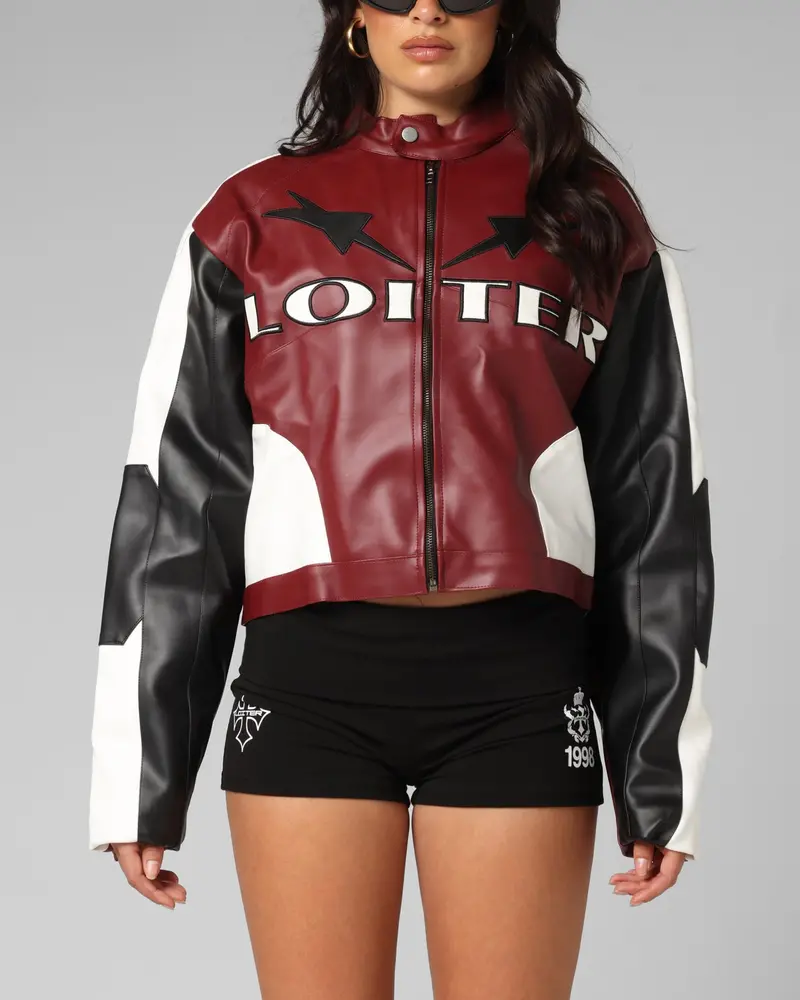 Loiter Women's Engine Cropped Vegan Leather Jacket Red 1