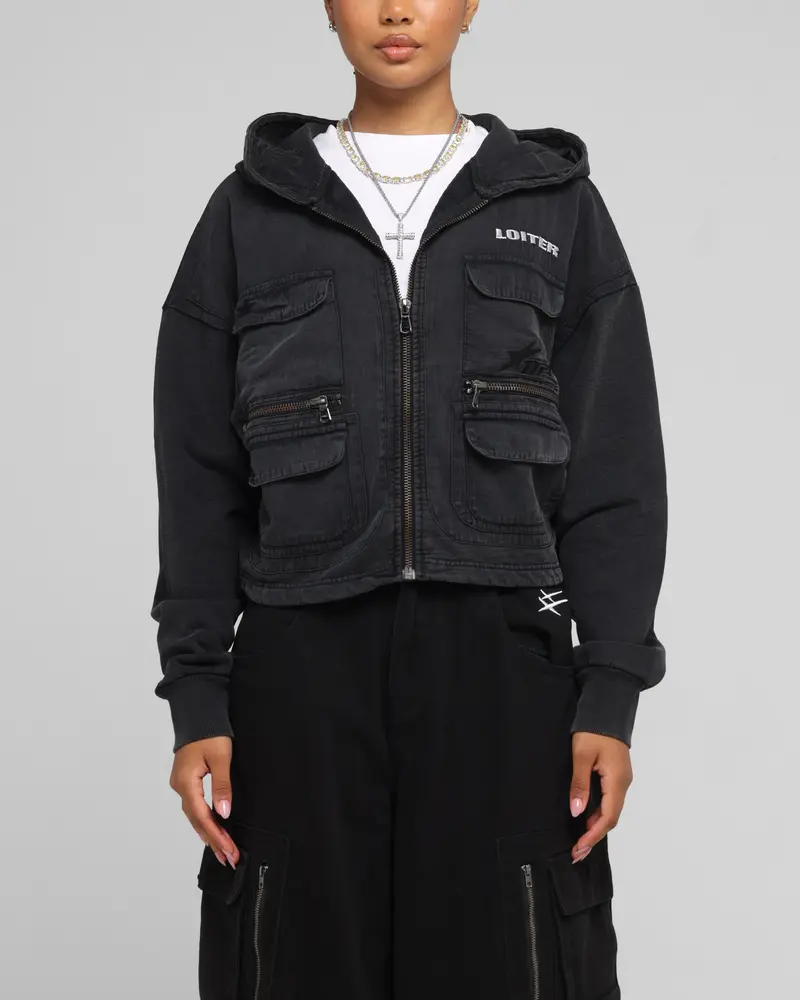 Loiter Women's Utility Cropped Hoodie Washed Black 1