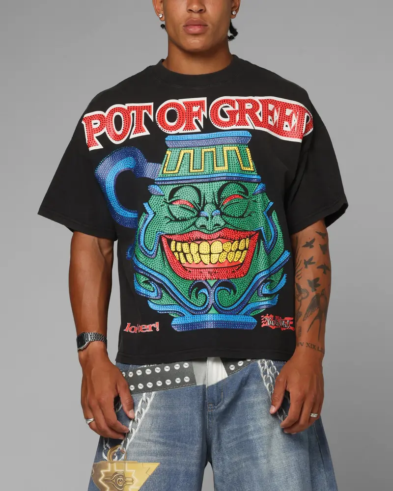 Loiter X Yu-Gi-Oh! Pot Of Greed Rhinestone T-Shirt Vintage Black 1