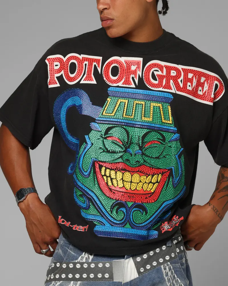 Loiter X Yu-Gi-Oh! Pot Of Greed Rhinestone T-Shirt Vintage Black 7