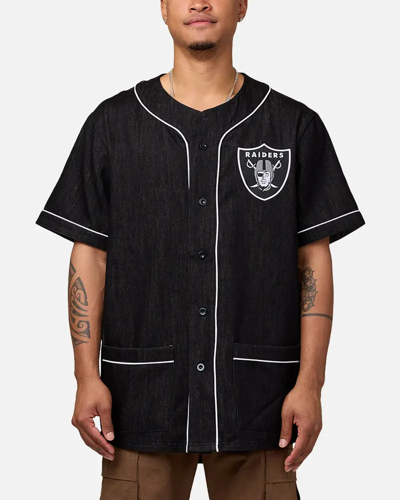 Majestic Athletic Las Vegas Raiders Denim Button Up Shirt Washed Black Denim 1