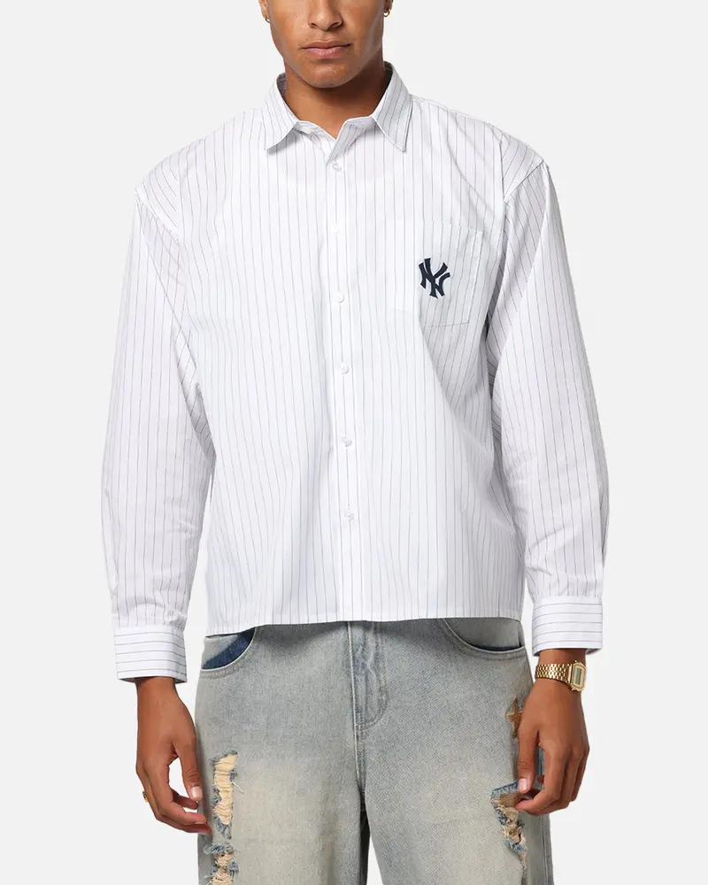 Majestic Athletic New York Yankees Pinstripe Button Up Shirt Optic White 1
