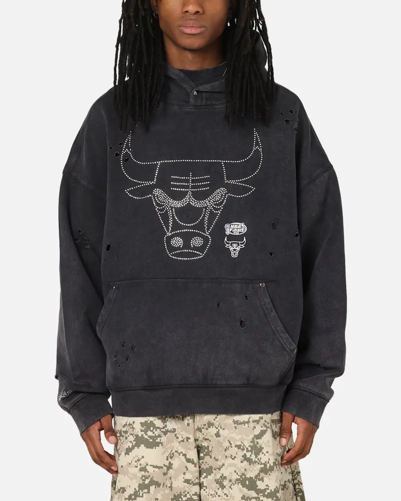 Mitchell & Ness Chicago Bulls Distressed Rhinestone Logo Hoodie Faded Black 1