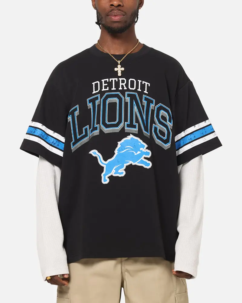 Mitchell & Ness Detroit Lions Waffle Mock Layer Long Sleeve T-Shirt Black 1