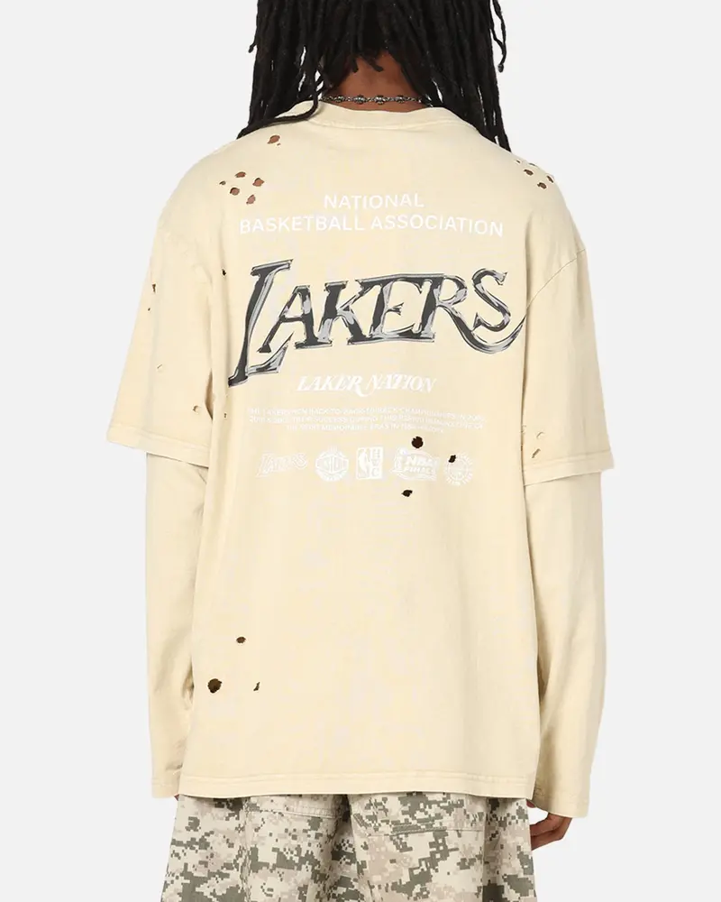 Mitchell & Ness Los Angeles Lakers Chromed Mock Long Sleeve T-Shirt Khaki 1