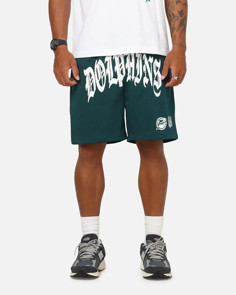 Mitchell & Ness Miami Dolphins Stars & Text Mesh Shorts Deep Sea Teal 1