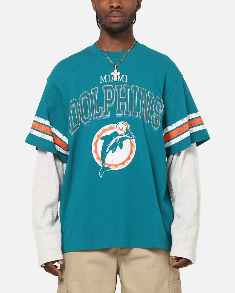 Mitchell & Ness Miami Dolphins Waffle Mock Layer Long Sleeve T-Shirt Teal 1