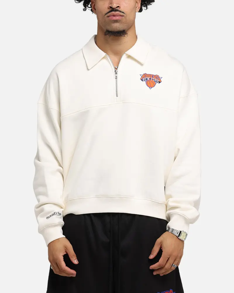 Mitchell & Ness New York Knicks Boxy Quarter Zip Crewneck Egret 1