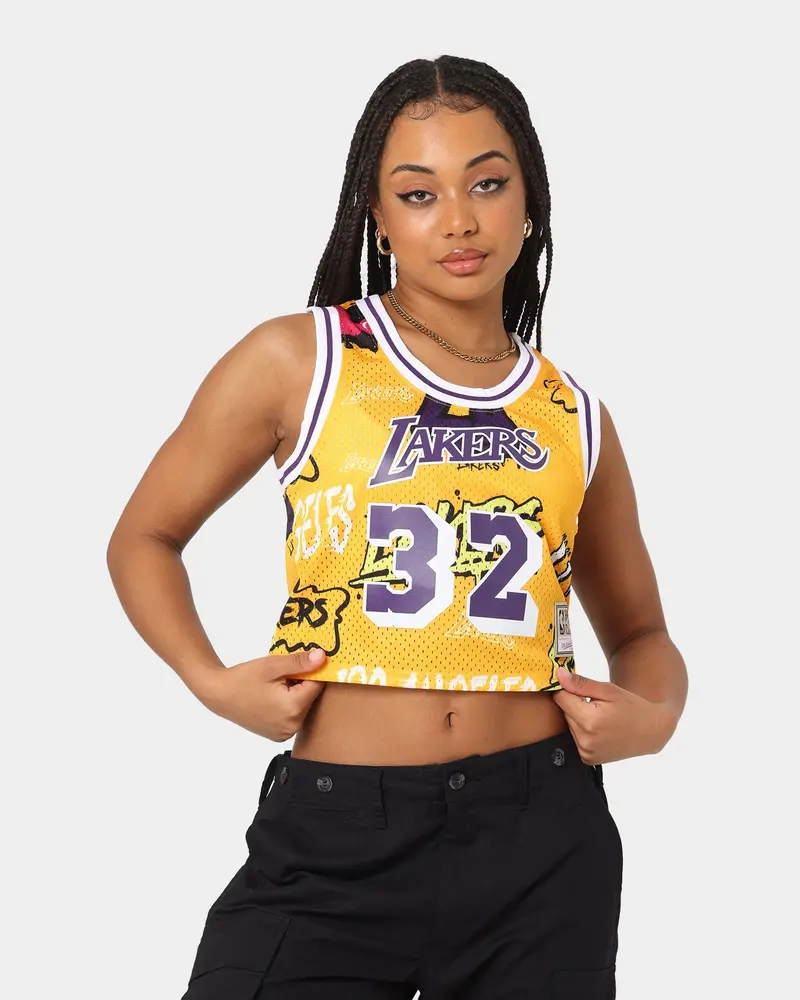 Mitchell & Ness Women's Magic Johnson Los Angeles Lakers Slap Sticker Crop Tank Yellow 1