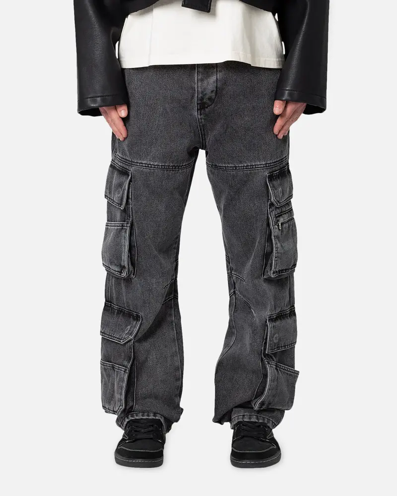 Mnml Baggy Rave Cargo Denim Jeans Washed Black 1
