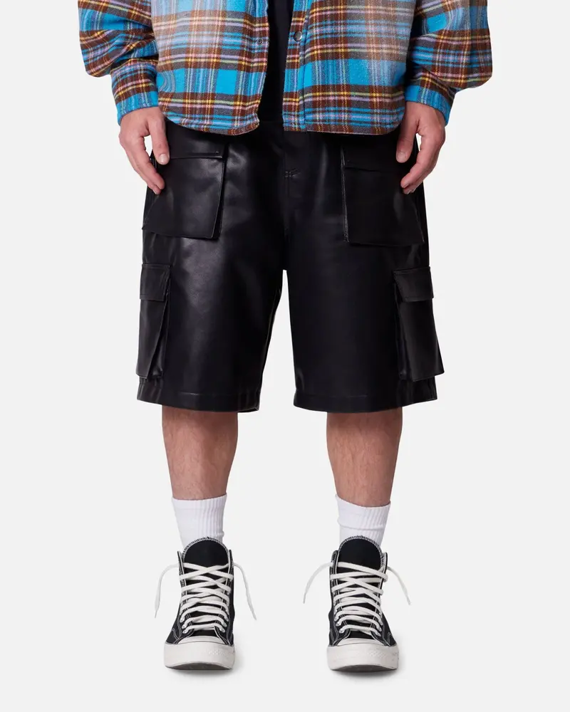 Mnml Baggy Vegan Leather Cargo Shorts Black 1