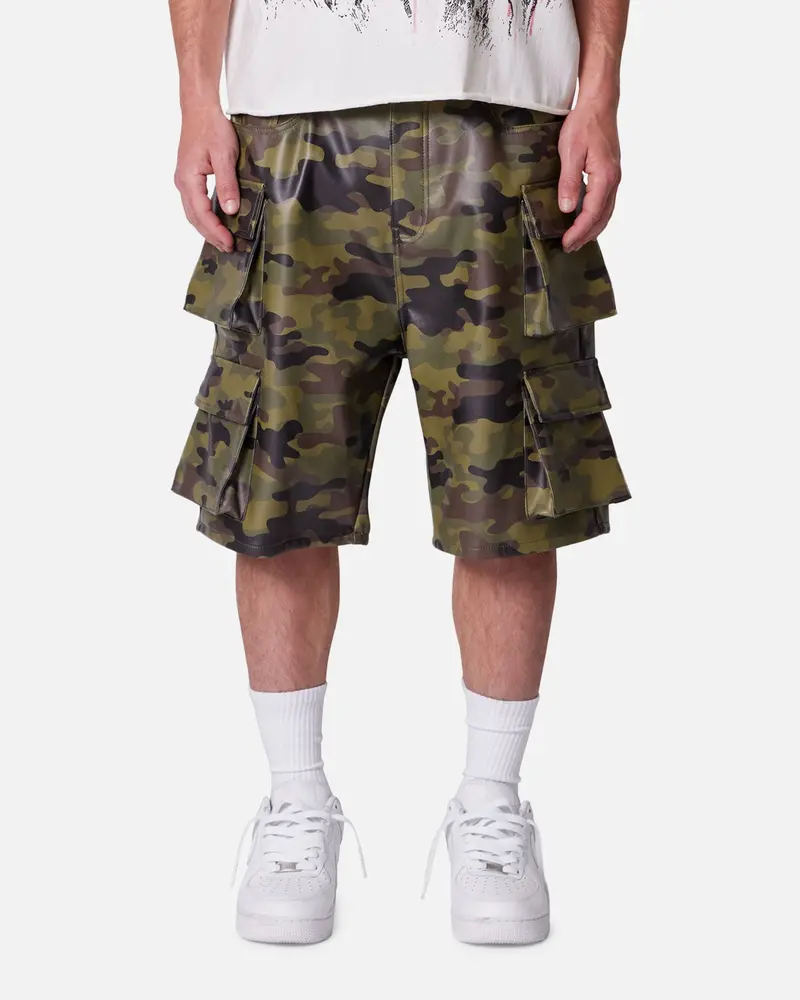 Mnml Baggy Vegan Leather Cargo Shorts Camo 1
