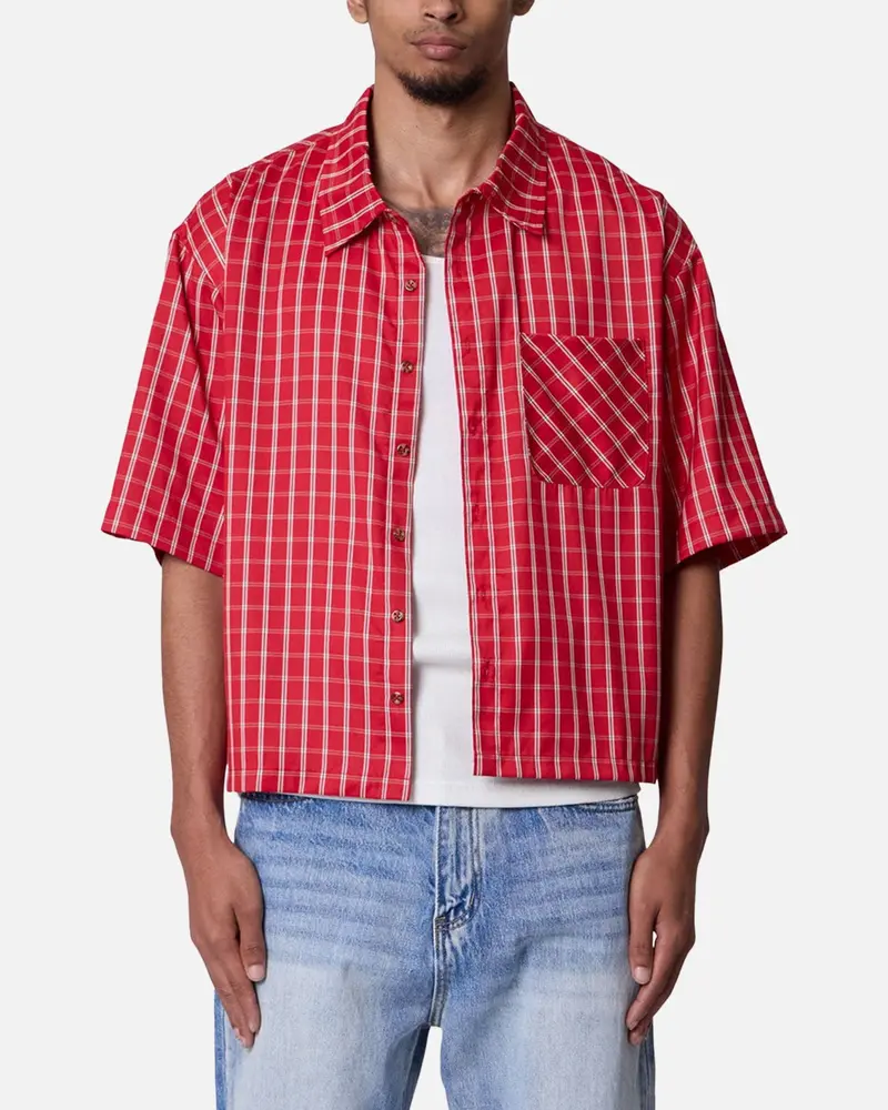 Mnml Crispy Poplin Over Button Up Shirt Red Plaid 1