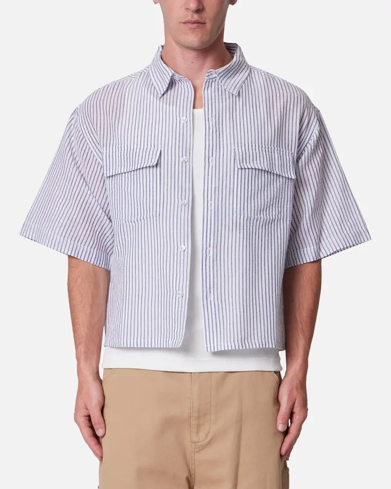 Mnml Cropped Boxy Stripe Button Up Shirt Blue 1