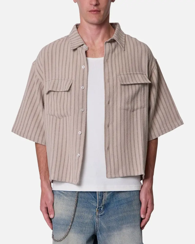 Mnml Cropped Boxy Stripe Button Up Shirt Khaki 1