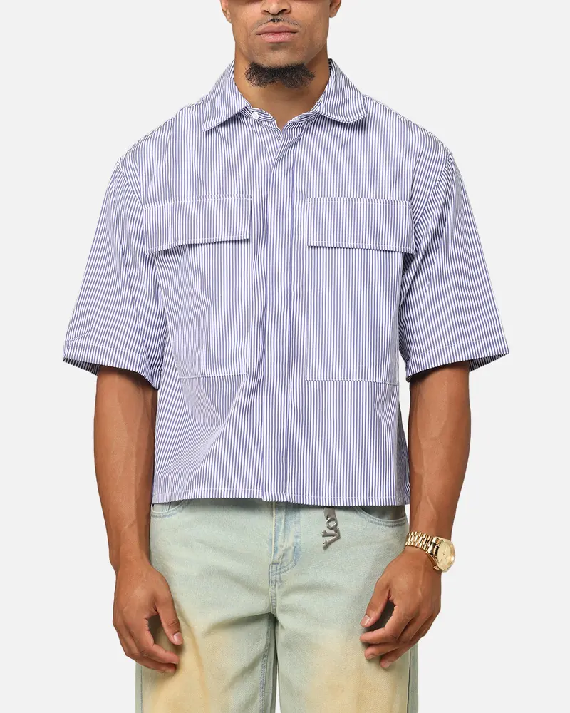 Mnml Cropped Striped Short Sleeve Shirt Blue 1