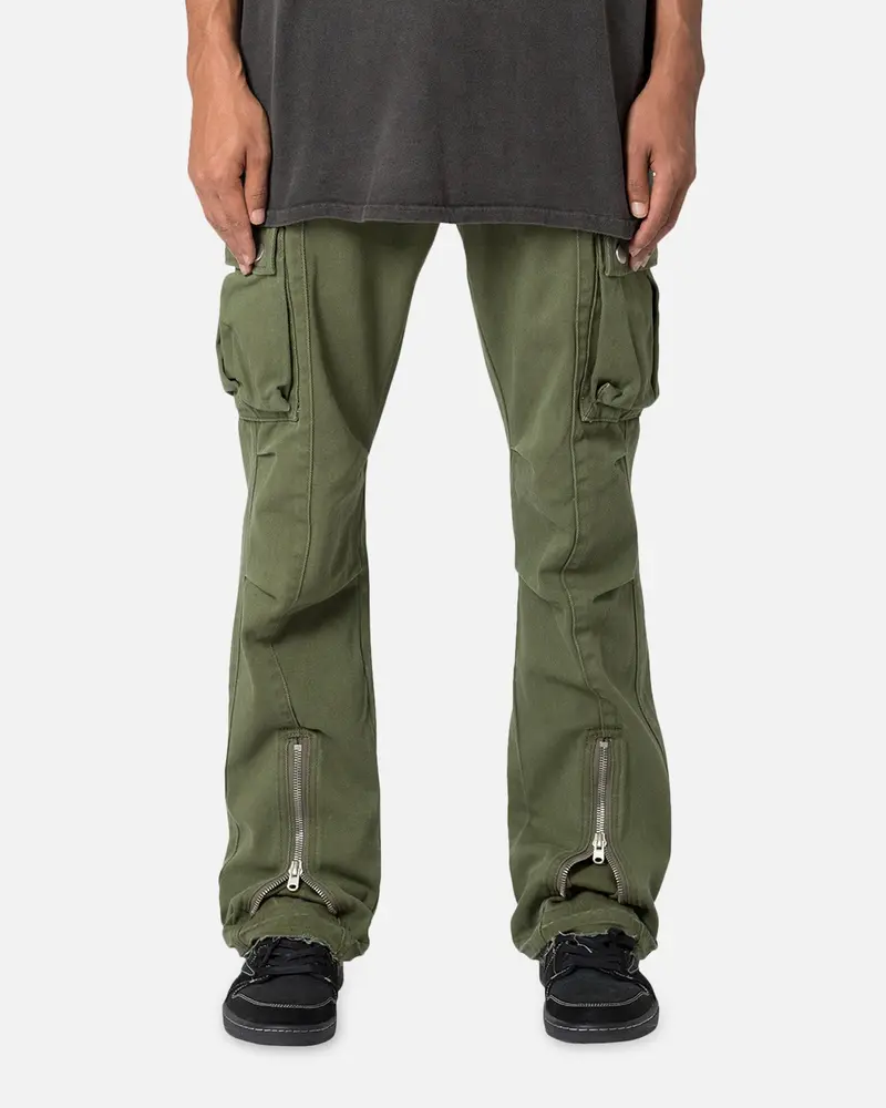 Mnml Front Zip Flare Cargo Pants Olive 1