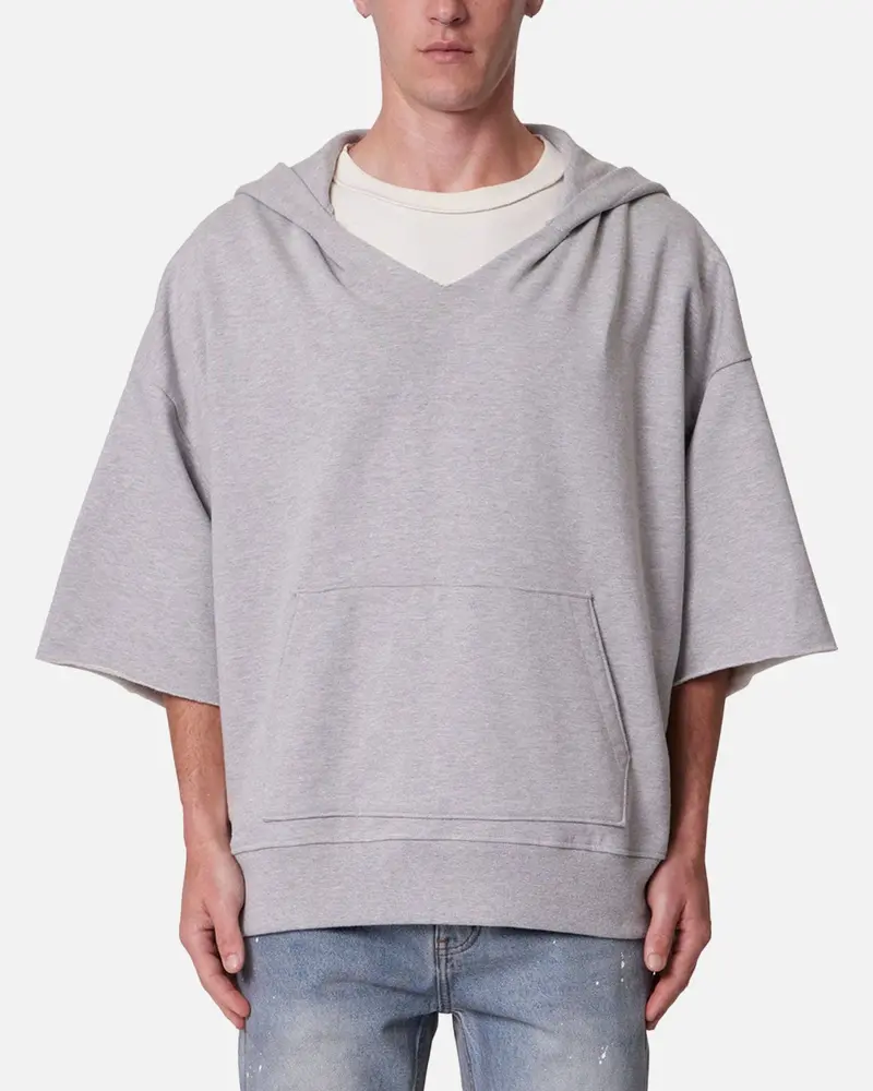 Mnml Hooded 3/4 Sleeve Rag Sweater Grey 1