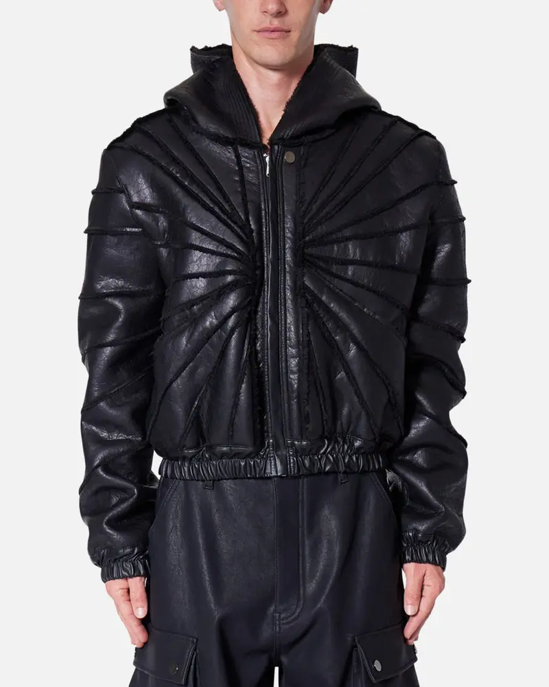 Mnml Leather Web Cropped Zip Up Hoodie Black 1