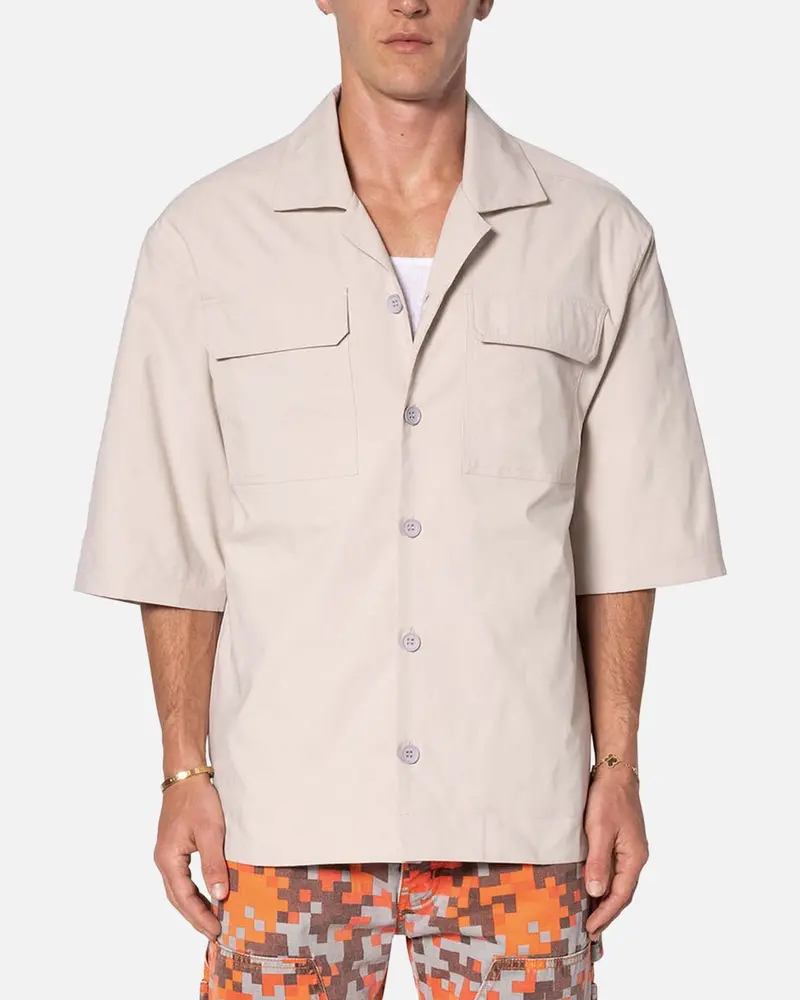 Mnml Lined Woven Nylon Button Up Shirt Stone 1