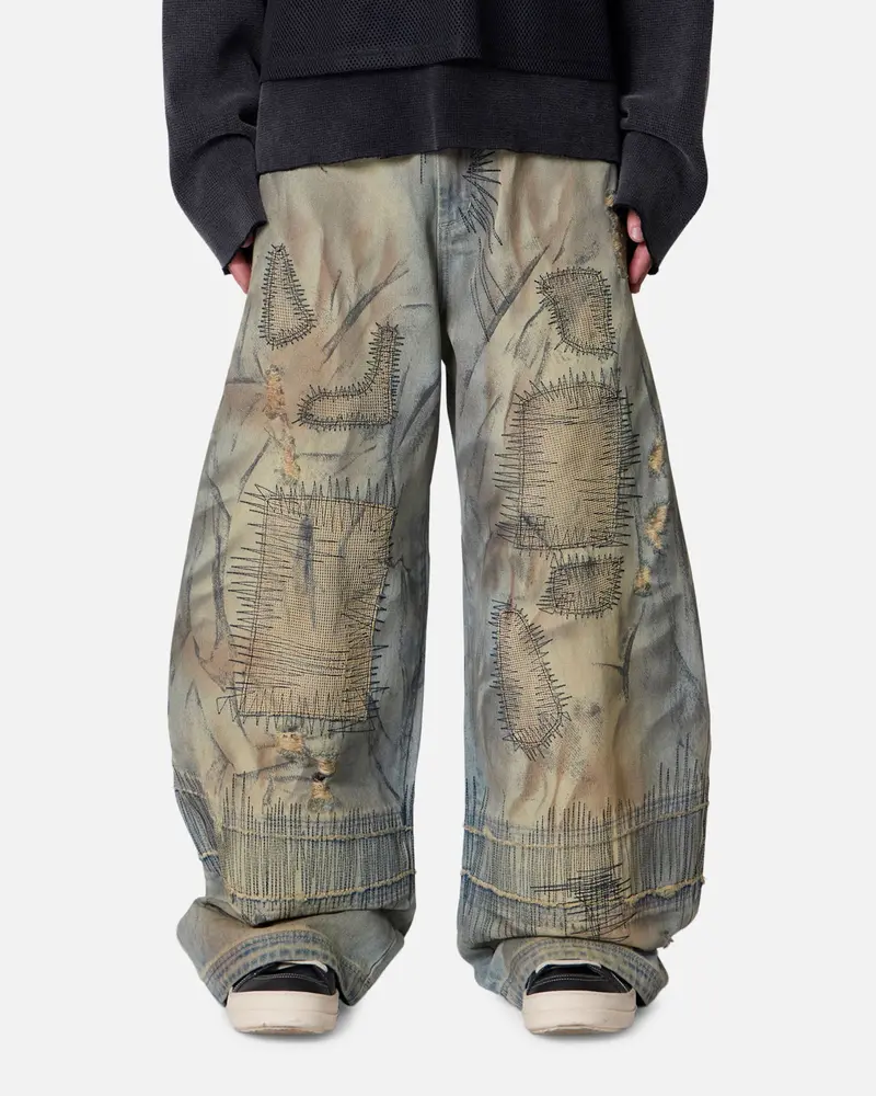 Mnml Stitched Barrel Denim Pants Vintage Blue 1