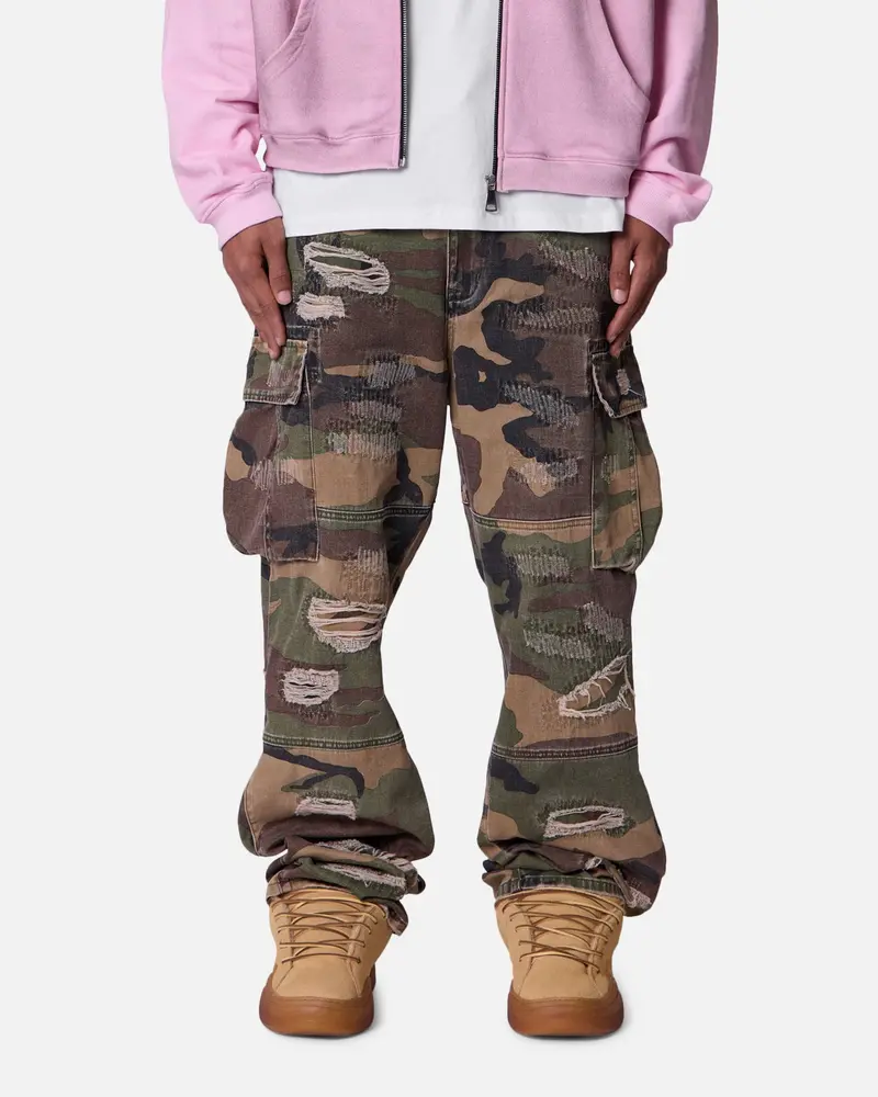 Mnml Ultra Baggy Distressed Cargo Pants Woodland Camo 1