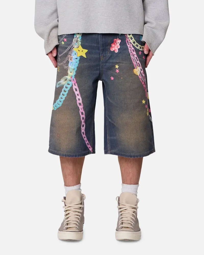 Mnml Ultrabaggy Chain Printed Denim Shorts Blue 1