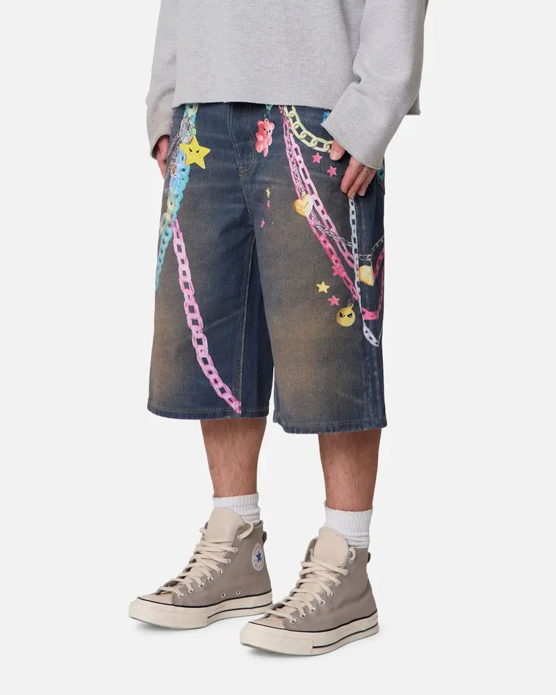 Mnml Ultrabaggy Chain Printed Denim Shorts Blue 2