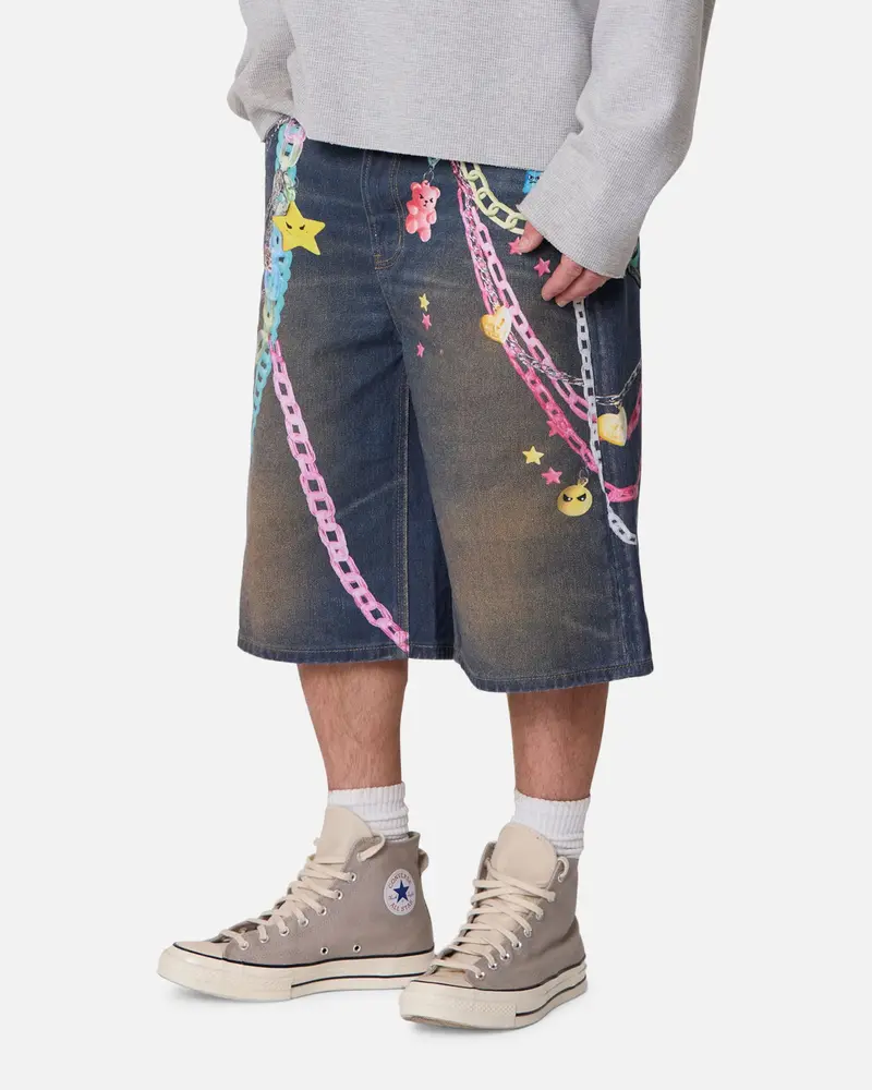 Mnml Ultrabaggy Chain Printed Denim Shorts Blue 5