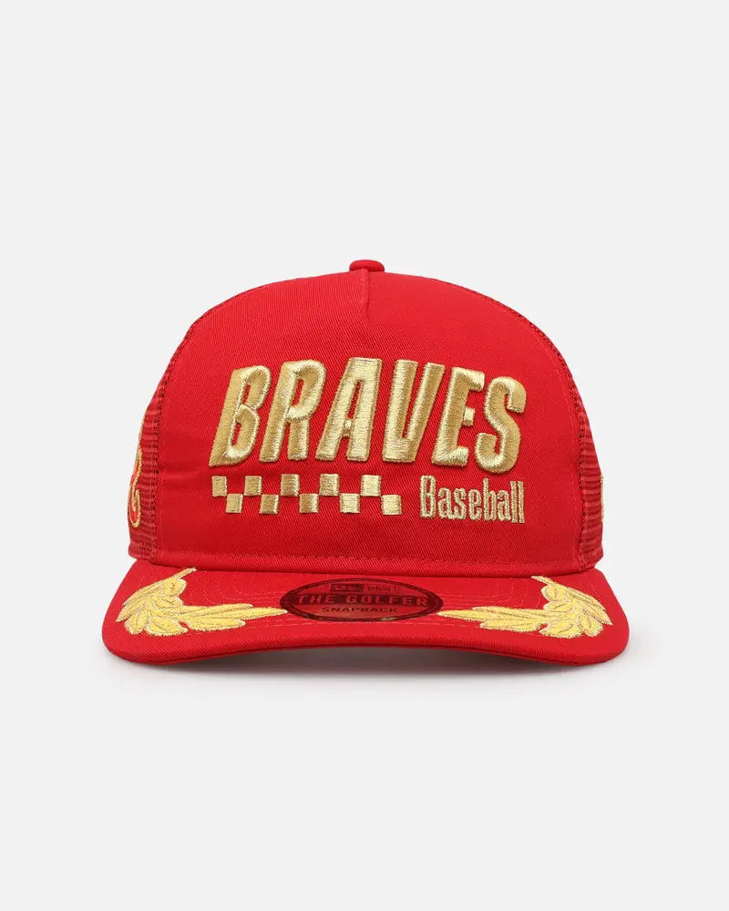 New Era Atlanta Braves 'Podium Collection' Pre-Curved Golfer Trucker Snapback Scarlet/Metallic Gold 1