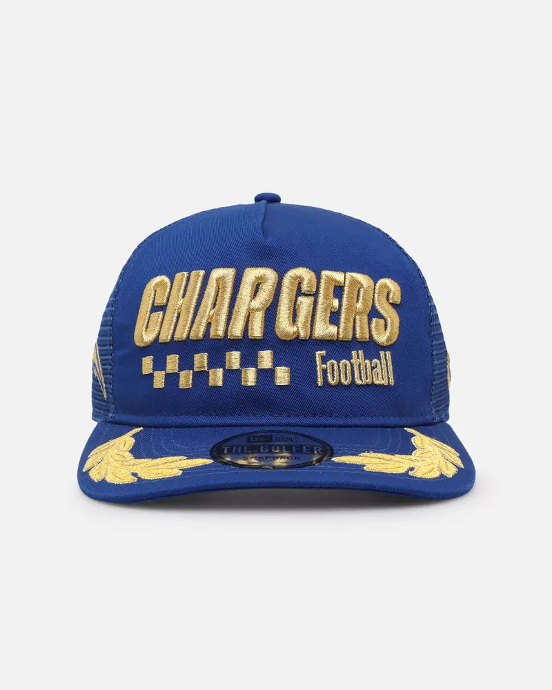 New Era Los Angeles Chargers 'Podium Collection' Pre-Curved Golfer Trucker Snapback Light Royal/Metallic Gold 1