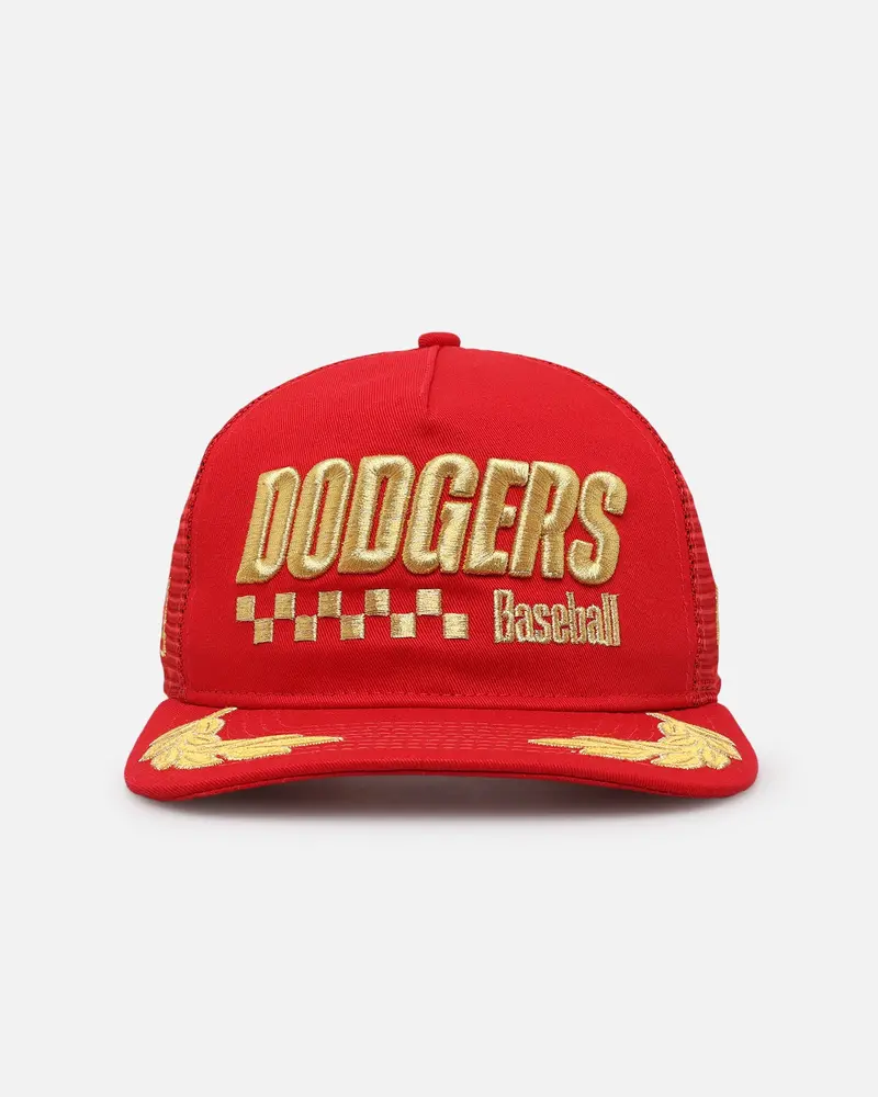 New Era Los Angeles Dodgers 'Podium Collection' Pre-Curved Golfer Trucker Snapback Scarlet/Metallic Gold 1